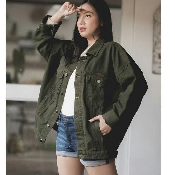 ART B5Z Jaket Jeans Boyfriend  Jaket Jeans Oversize Cewe  Jaket Jeans BIG SIZE Wanita  Hijau Army