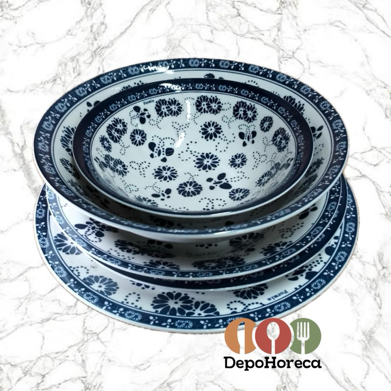 Formia Keramik Putih Dengan Motif Bunga Lili Biru / Piring Makan Dalam Ceper / Dinner Plate / Mangko