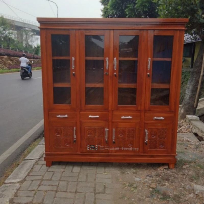 almari hias kaca lemari buku rak buku kayu jati