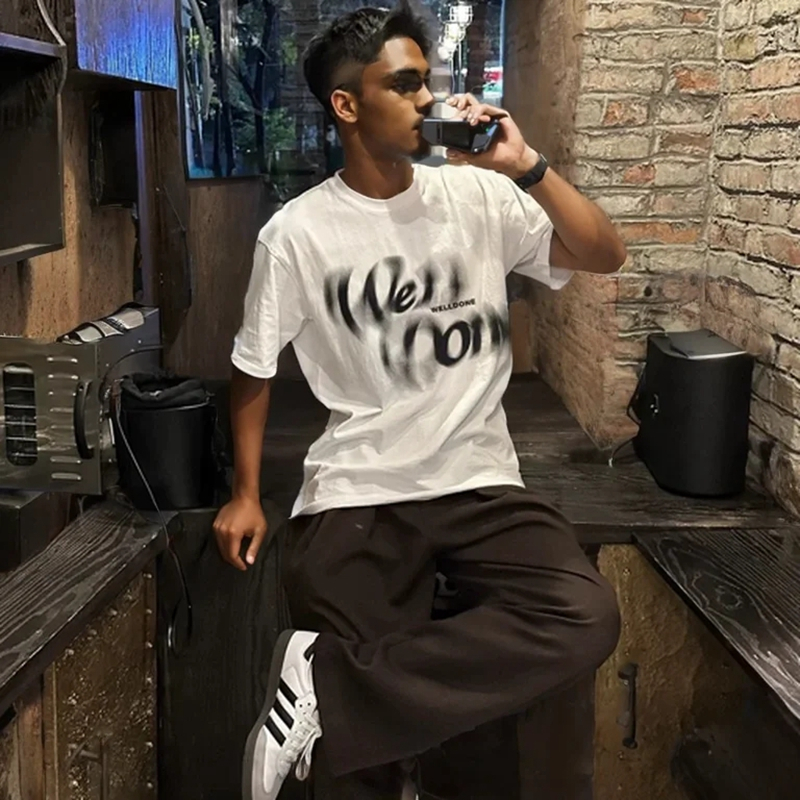 [HOT]WE11DONE TRACK Katun Kaos Lengan Pendek Oversize T-shirt Hitam Putih