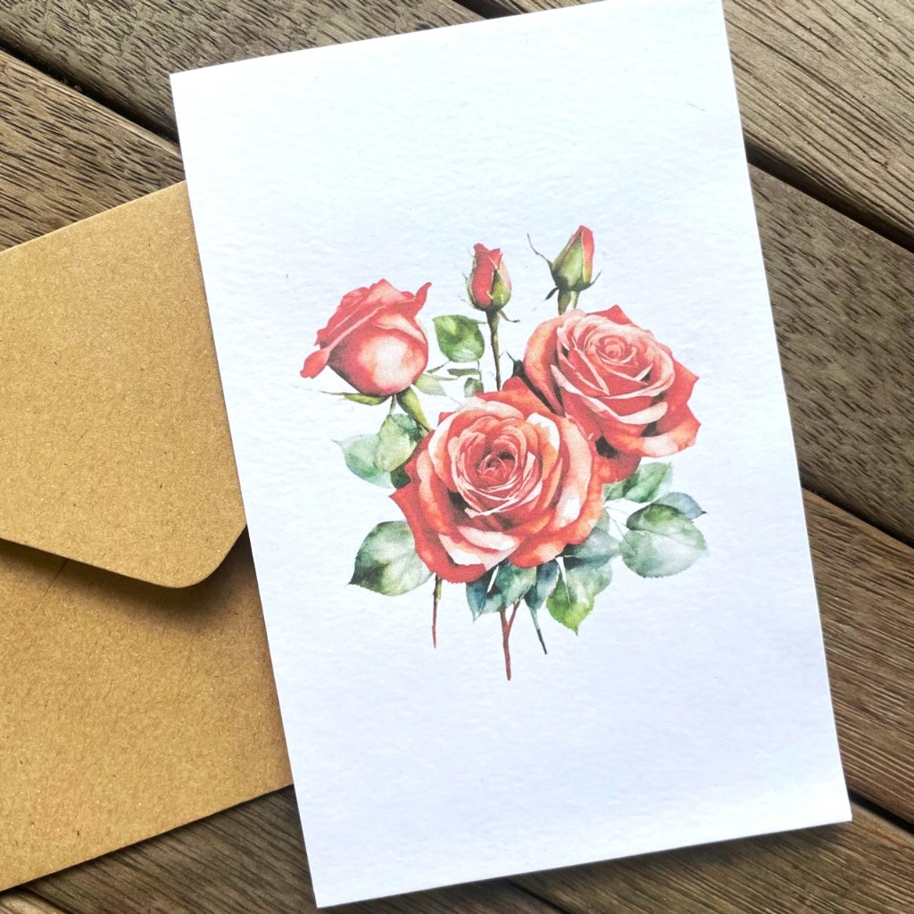 Kartu Ucapan Kosong Blank Greeting Card & amplop kraft bunga mawar merah