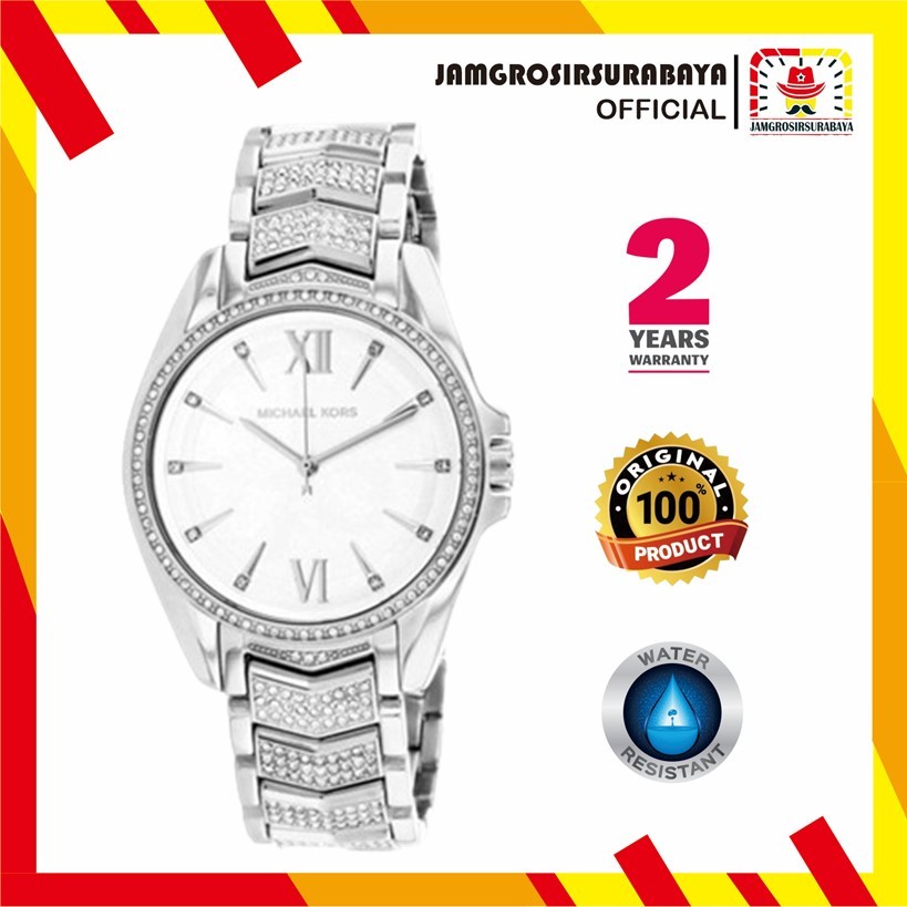 PROMO Jam Tangan Wanita MK 6687 / MK6687 Whitney Three-Hand Pavé Stainless Steel Original Garansi 2 