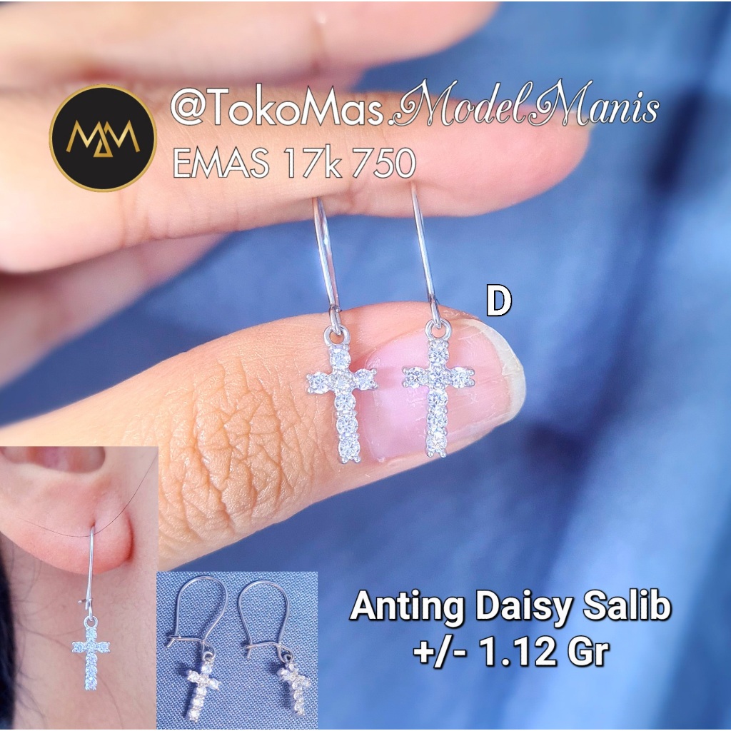 Anting daisy salib emas putih 750 kadar 17k