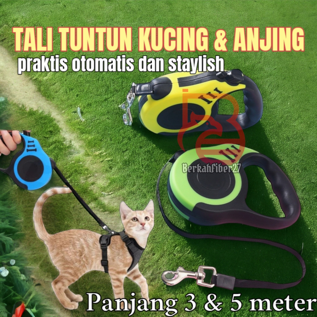 Tali Tuntun Kucing / Anjing Retractable Panjang 3 Meter dan 5 Meter Tali Harnes Otomatis