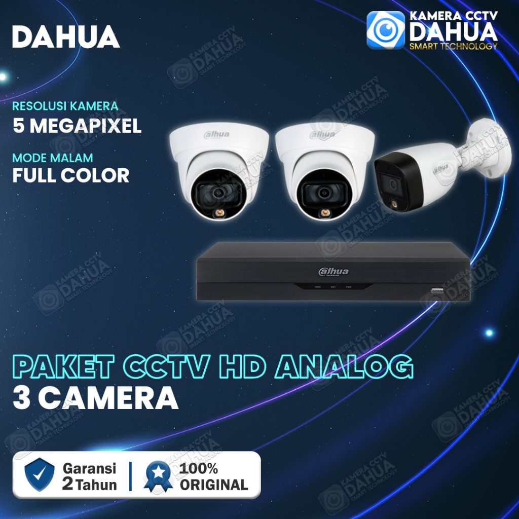 PAKET CCTV DAHUA 5MP FULL COLOR 4 CHANNEL 3 KAMERA