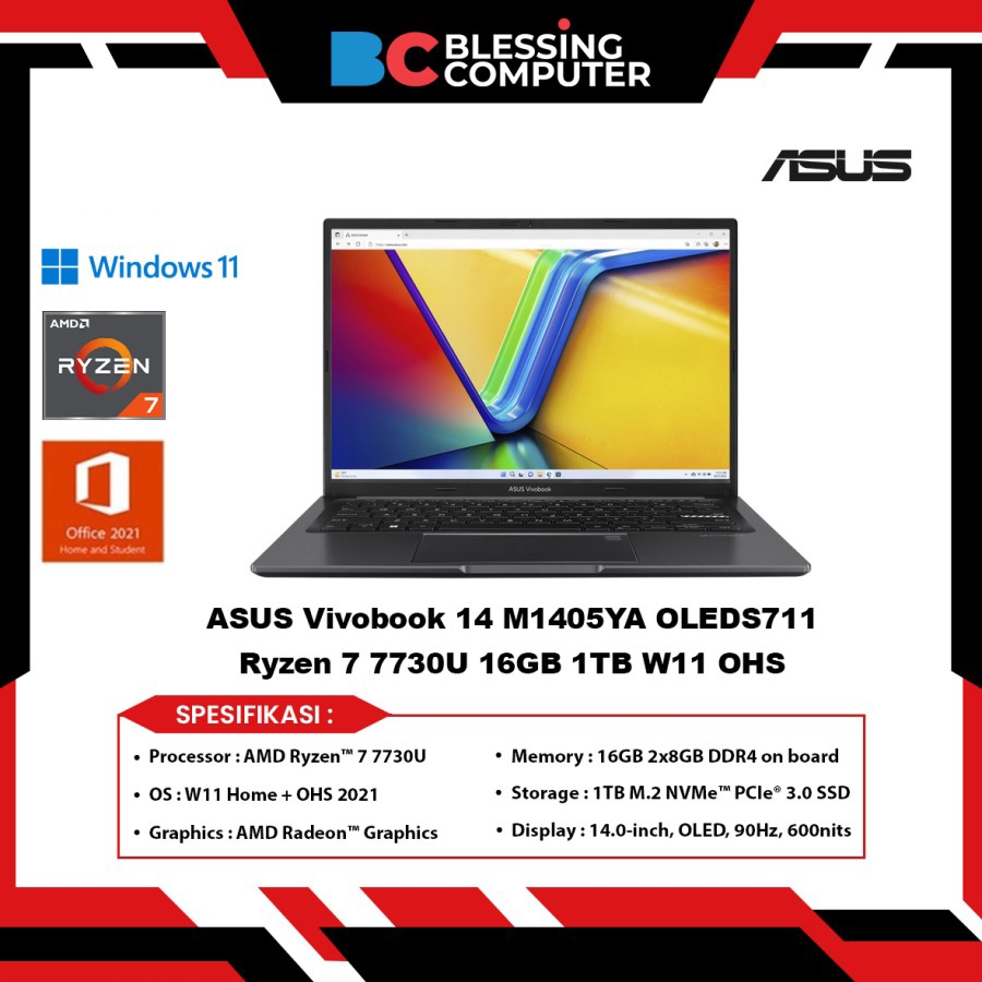 ASUS Vivobook 14 M1405YA OLEDS711 Ryzen 7 7730U 16GB 1TB W11 OHS