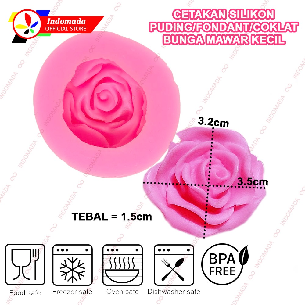 Indomada Cetakan Fondant Silikon Bunga Mawar Kecil 3.5 x 3.2 x 1.5 cm Small Rose Flower 3D DIY Silic