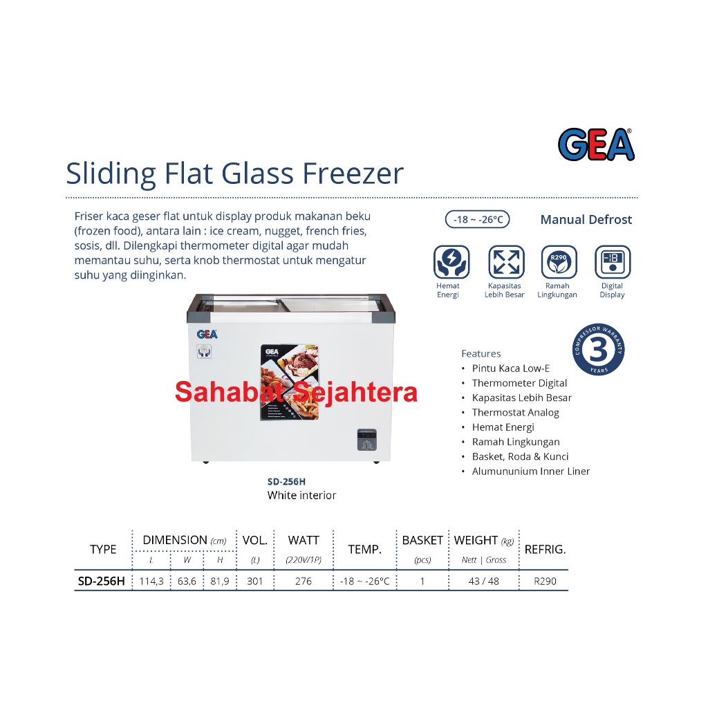 GEA Sliding Flat Glass Freezer SD-256H Freezer Sliding Kaca