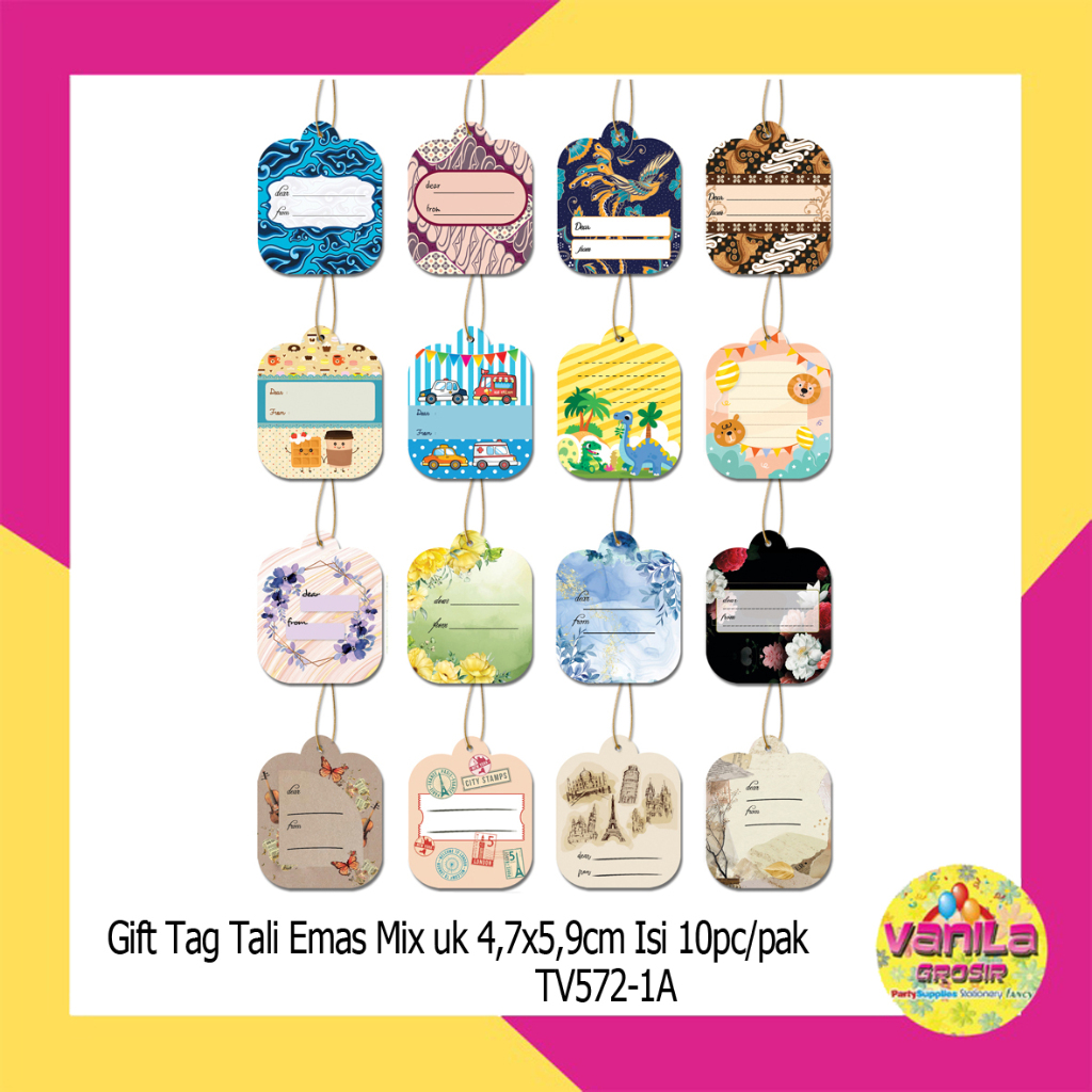 

(1Pak Isi 10Pcs) Gift Tag Karakter + Tali Emas, gift tag kids, hand tag, gift label hampers