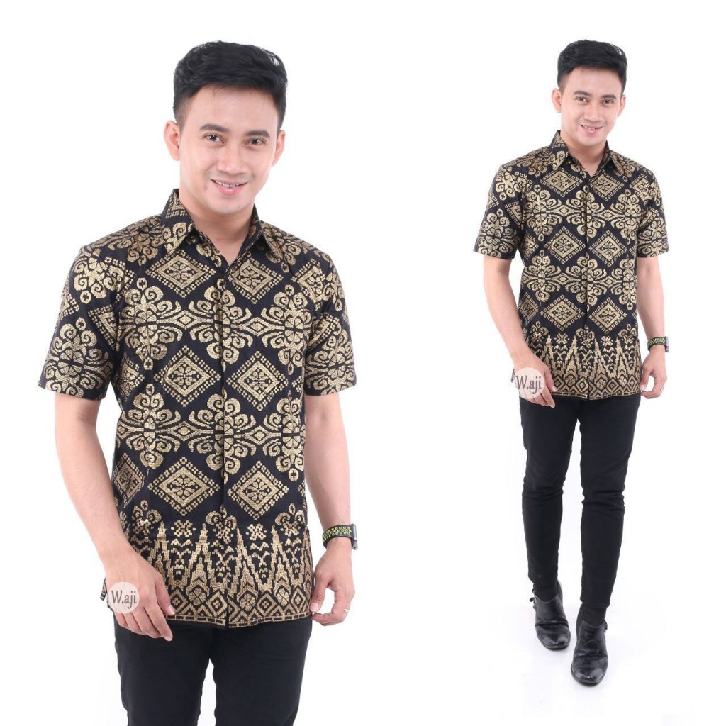 Batik Pria - Kemeja Lengan Pendek - Motif Kotak Simetris Geometri - Warna Hitam Coklat Abu