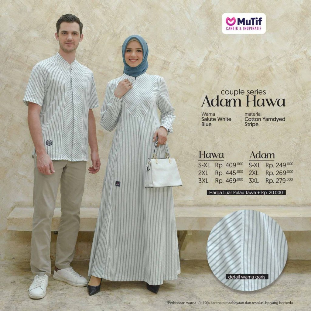 Couple Hawa &amp; Adam White Blue - Mutif Sarimbit Mutif Terbaru