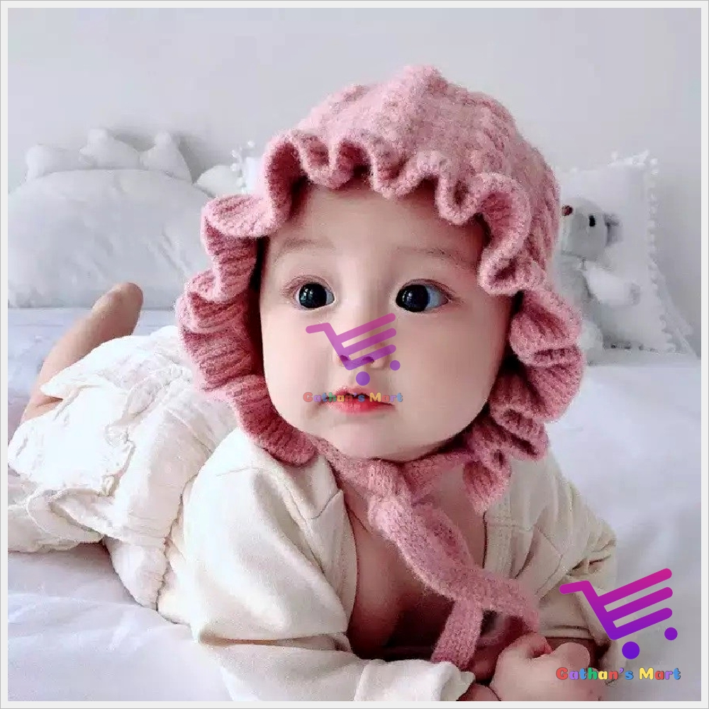 Topi Kupluk Bayi Perempuan Polos Model Ruffle Bonnet Anak Cewek Cewe Usia 0 3 4 5 6 7 8 9 10 11 12 B