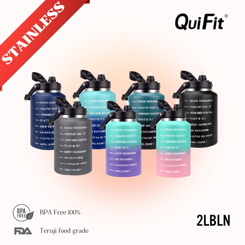 QUIFIT - [2LBLN] Botol Air Minum Stainless Steel Motivasi 2L dengan sedotan dan phone holder