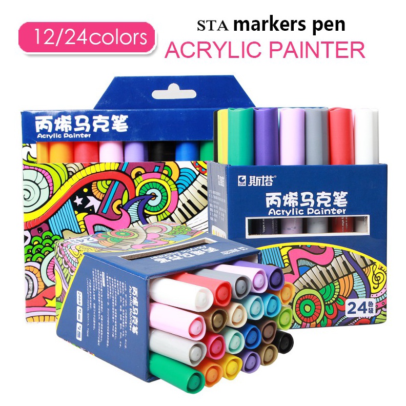 

STA Acrylic Paint Marker 1224 Warna Permanen DIY Pen Kelir Akrilik Stationery Set Menggambar Melukis Mewarnai Ready Realpict ART T7H2
