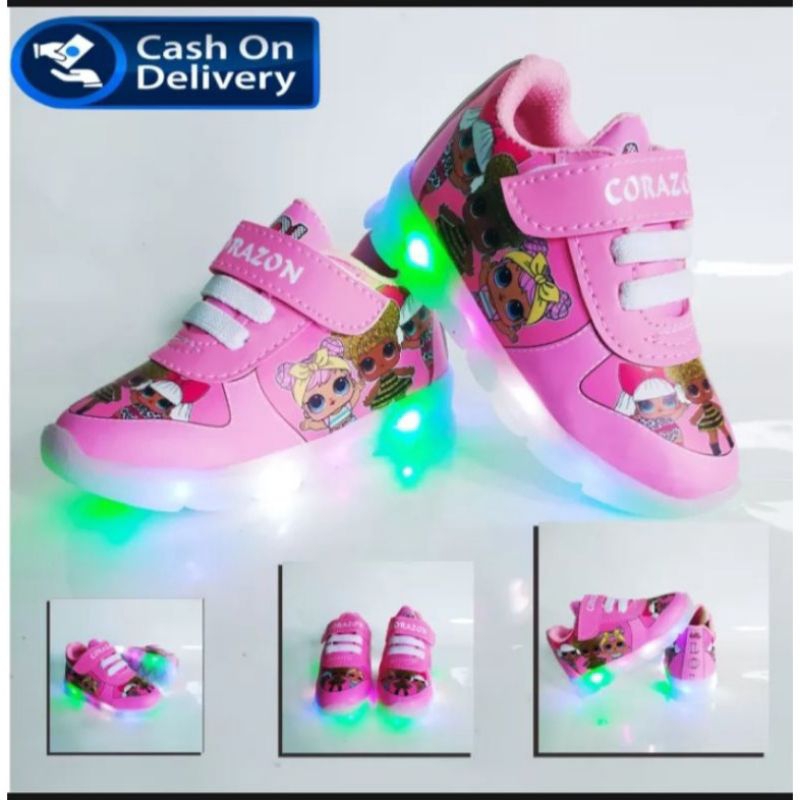 Sepatu anak perempuan sepatu kekinian sepatu keren sepatu motif LOL sepatu nyala LED