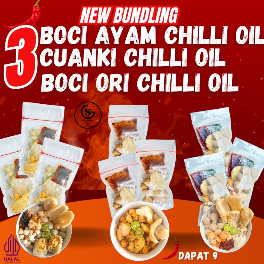 

Bundling BOCI CHILLI OIL[ 3 Boci Ayam,3 Cuanki,3 Boci Ori] By GudangsnackTgr