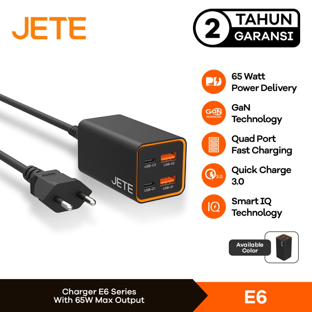 JETE E6 Adapter Fast Charger GaN 65W + 4 Port (Dual USB & Dual TypeC) | Charger JETE E6 - Garansi Re