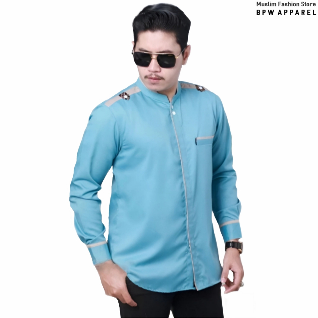 Baju Koko Pria Motif Maroko Hilwa Kemeja Koko Hadroh Lengan Panjang Atasan Muslim Pria Dewasa Denim 