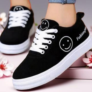 Sepatu wanita sneakers motif lucu emoticon smile / Sepatu wanita fashion sekolah Kanvas hitam