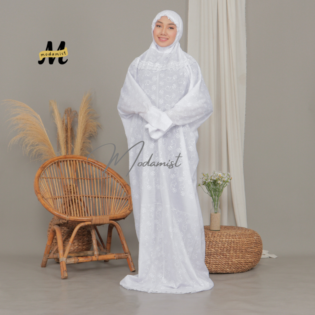 Mukena Terusan Katun Paris Bordir Putih Renda Kalung