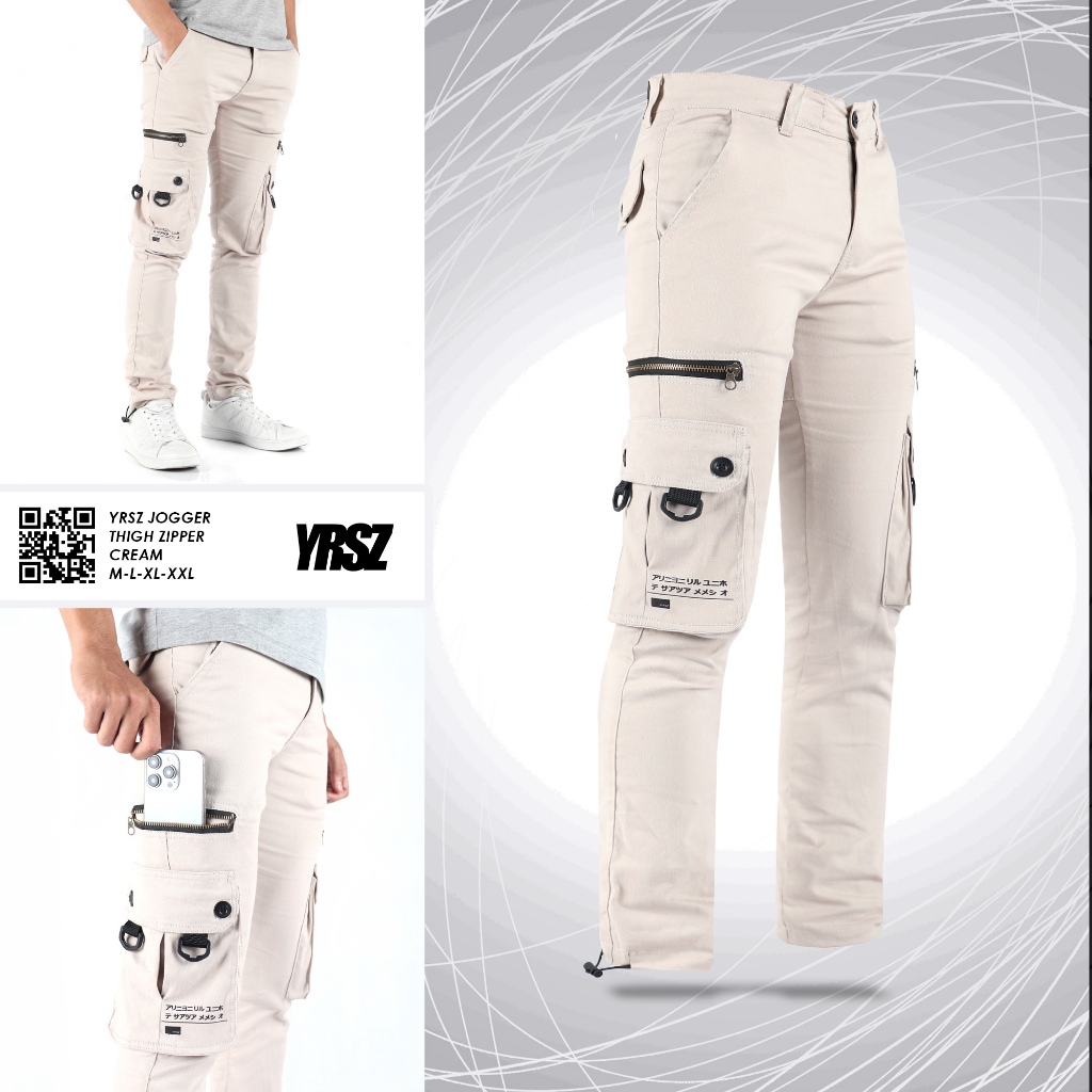 Celana panjang cargo Krem /stroker zipper pants Cream ori YRSZ-gunung-tactical-adventure-streetstyle