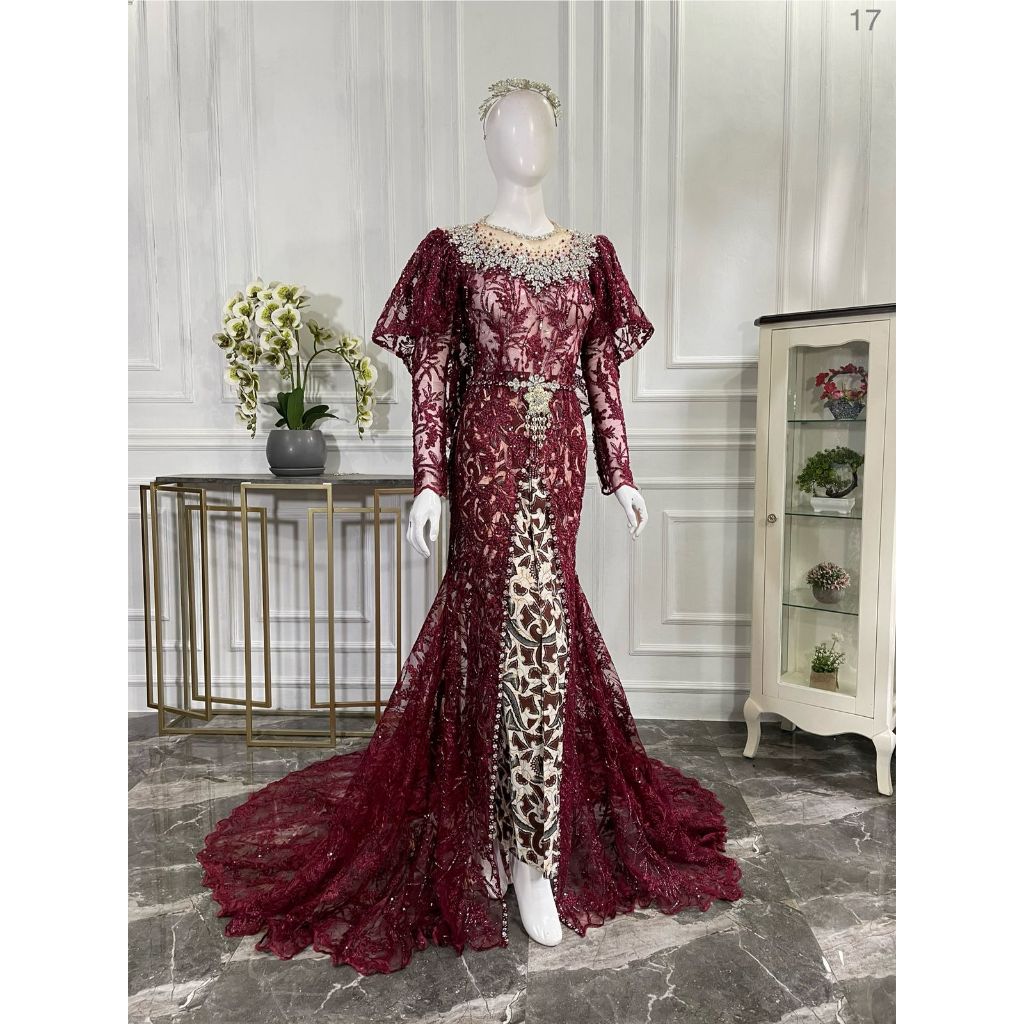 Kebaya akad nikah wanita modern belah maroon + jarik