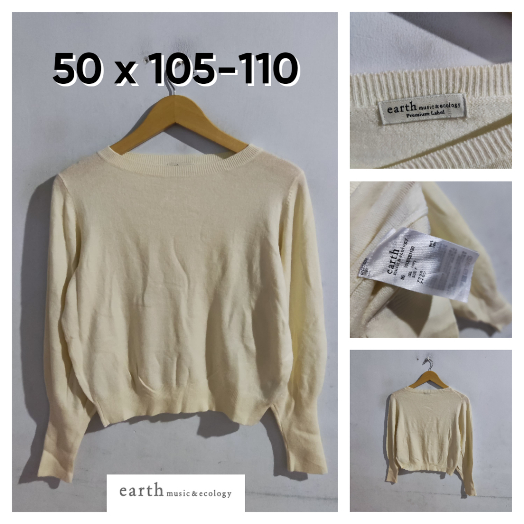 Sweater Earth Music & Ecology Putih Ivory Rib Panjang Lengan Semi Balon Size M Wanita Atasan Cewek O