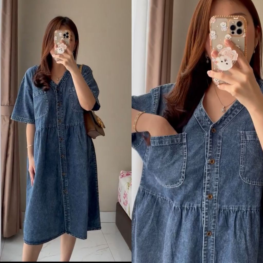 Uxuclo Dress Buttons Pocket Wanita Matt Denim Jeans Premium Lengan Pendek/Dres Denim Wanita