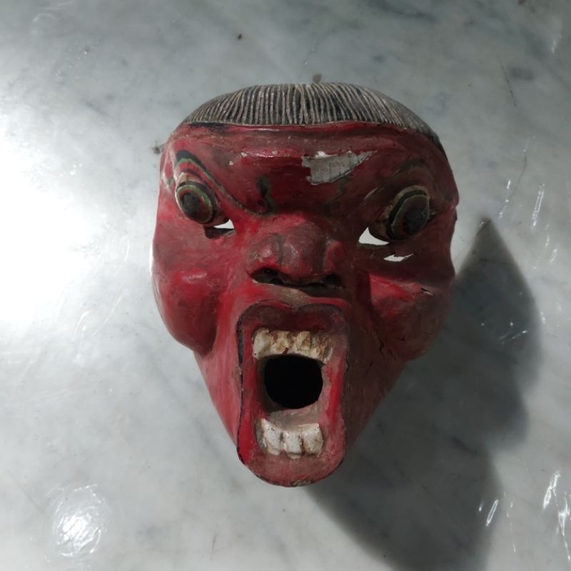 Topeng Tari Kayu Jawa Buto Teriak Merah Tua Lawas