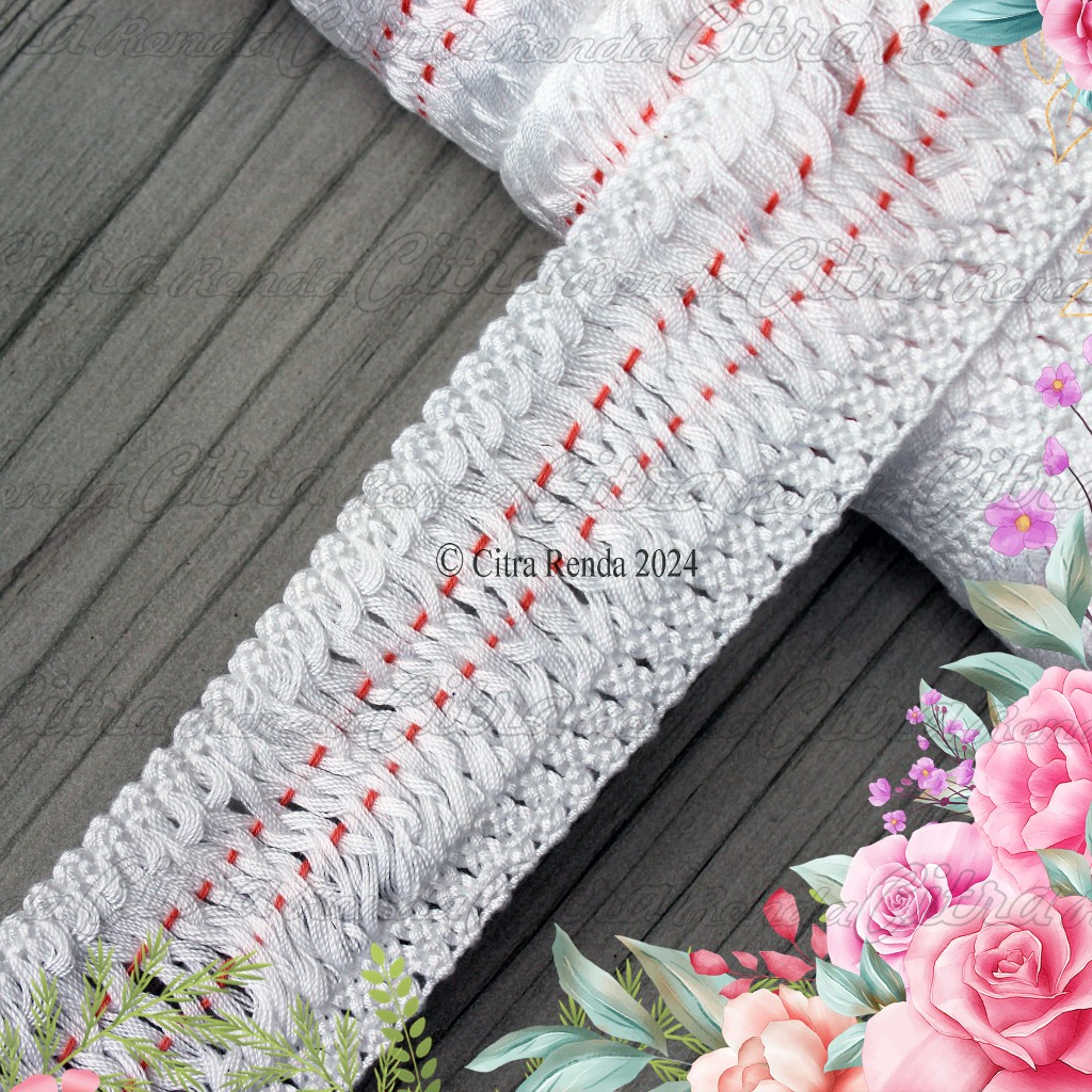 (Per Meter) RDR648 Renda Rajut Rumbai Tengahan Putih Lebar 4,5Cm