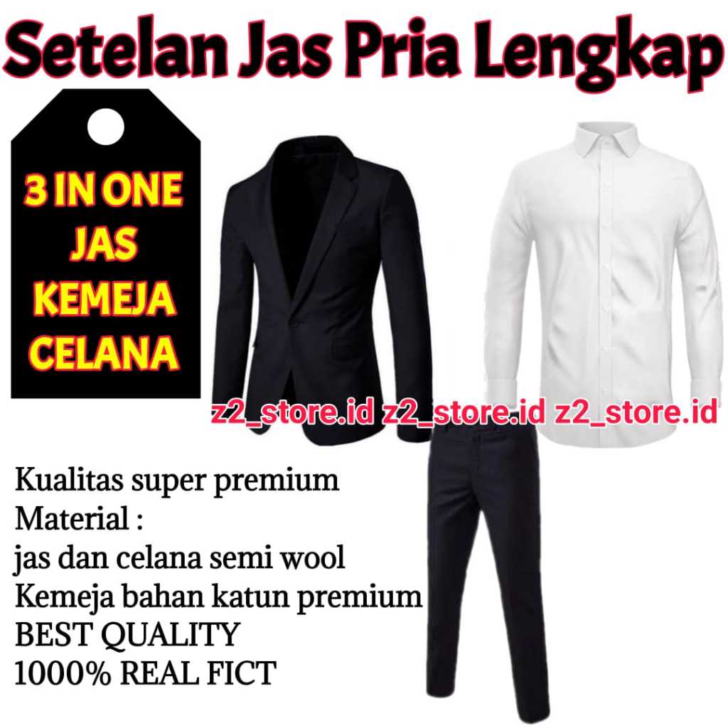 Setelan jas pria dewasa lengkap 1 set warna hitam | Setelan jas formal bahan semi wool model slimfit