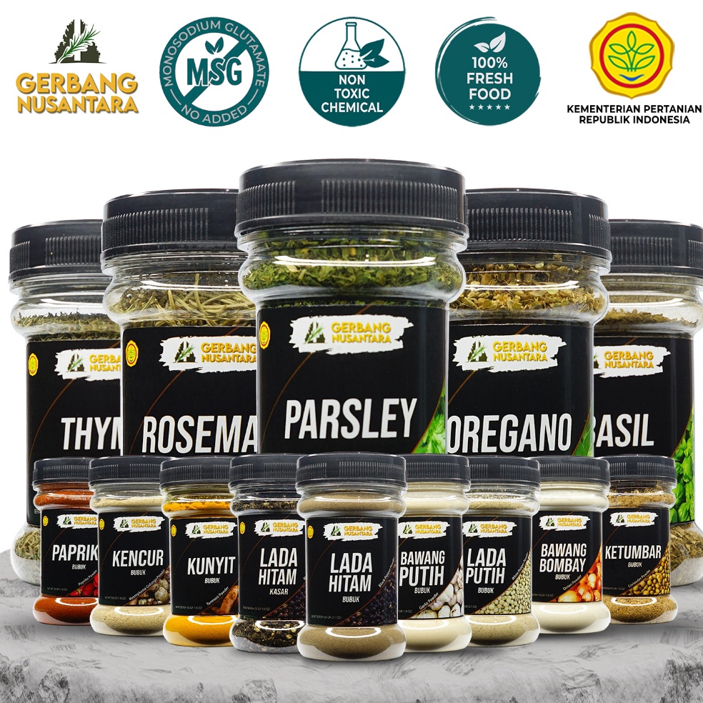 

Dikirim secepatnya Gerbang Nusantara All Spices Dan Herbs Kunyit Ketumbar Lada Hitam Bawang Putih Merah Bombay Bubuk Daun Parsley Oregano Basil Thyme Rosemary Italian Herb Flakes Bumbu Masak Dapur Rempah Lengkap 5gr