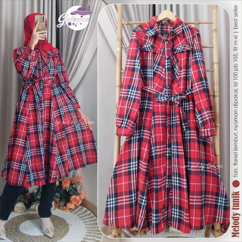 melody tunik original by galerina bahan flanel lembut . tunik kotak tali pinggang