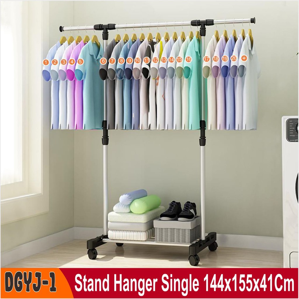 Stand Hanger Single Rak Serbaguna Dengan 4 Roda Rak Baju Stainless Gantungan Baju Ada Roda