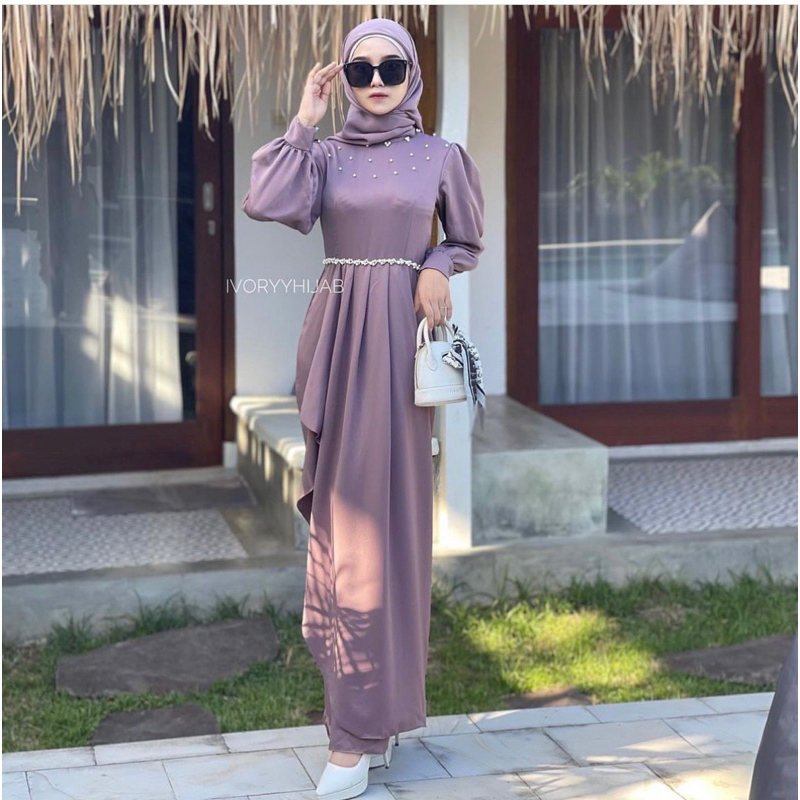 Adora Dress Payet Mutiara Premium Gamis Polos Satin Maxmara Silky Baju Kondangan Wanita Simple Jumbo