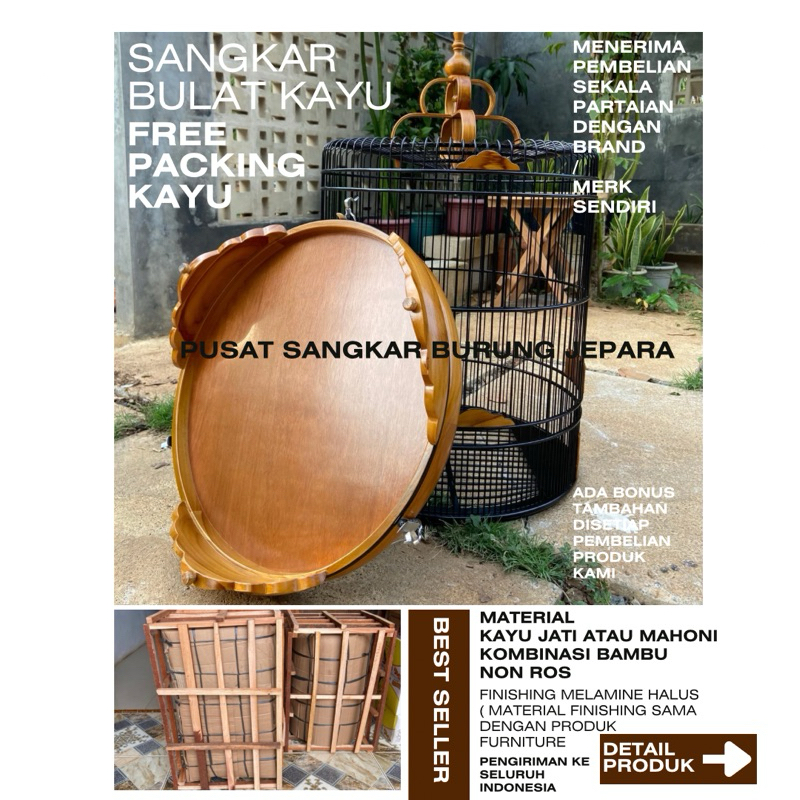sangkar bulat kayu Jepara dari pusat sangkar burung Jepara material kayu kombinasi bambu non ros fin