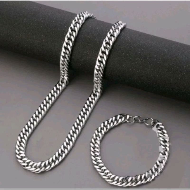 SATU SET KALUNG DAN GELANG RANTAI TITANIUM PRIA DAN WANITA ANTIKARAT DAN ANTI PUDAR