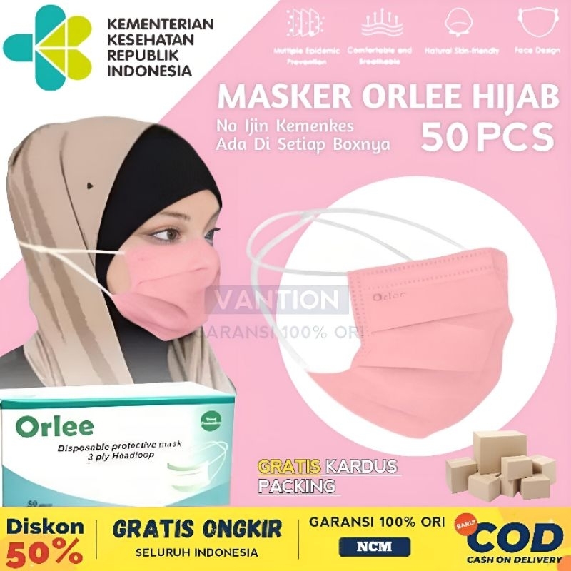 NCM Masker Hijab Jilbab Medis Warna Warni Pink 3 Ply 3Ply Emboss Orlee Headloop Lembut Halus Anti Vi