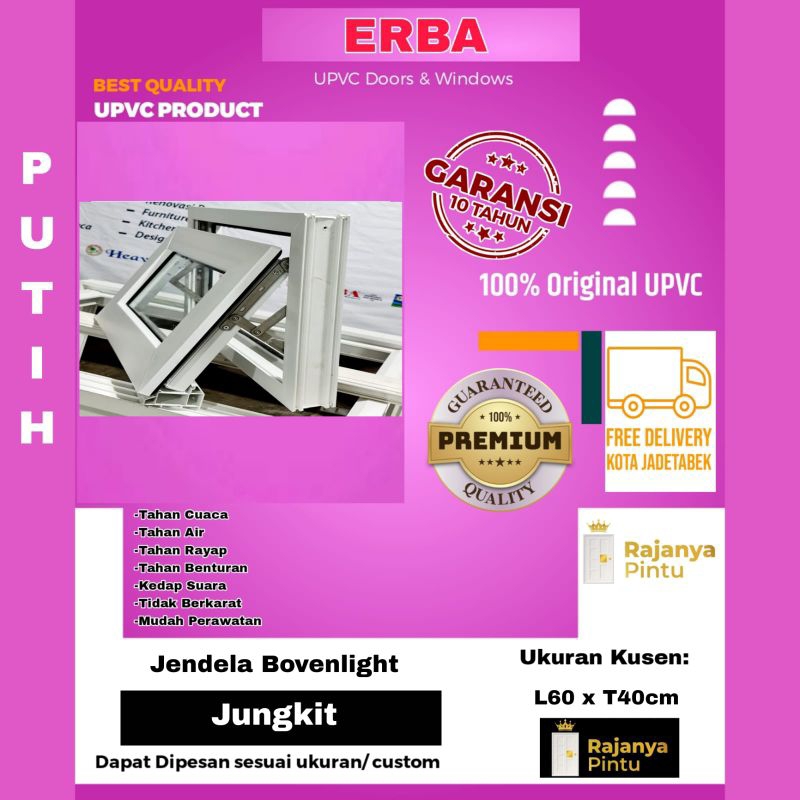 Jendela UPVC Bovenlight Jungkit Putih