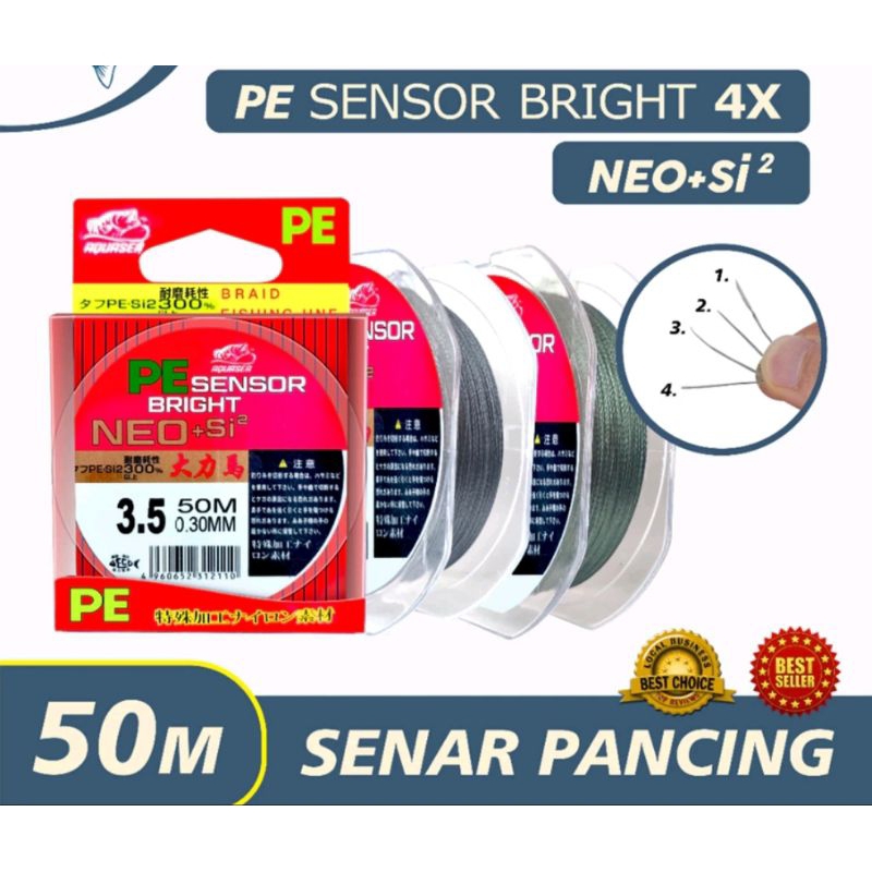 Senar Pancing PE Sensor Bright x4 Warna Abu-abu & Hijau Jepang 50 m Super Kuat & Tahan. PE murah