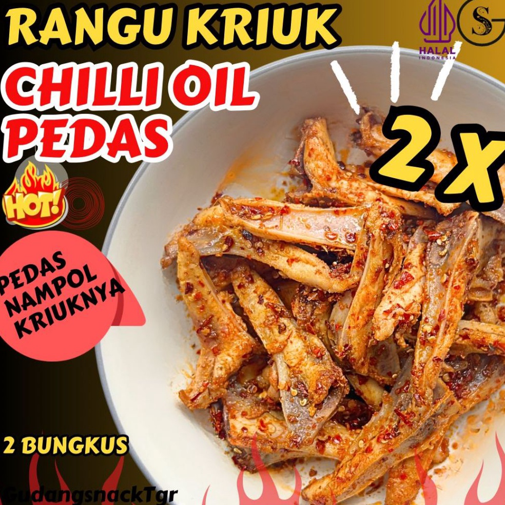

Clearance sale 2 Bungkus Tulang Rangu Kriuk Ayam Chilli Oil Pedas Nampol Dapat 2 2gr