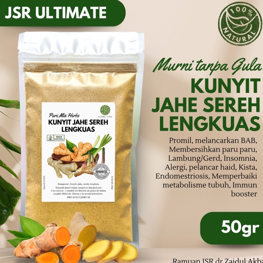 

Produk trendy Kunyit Jahe Sereh Lengkuas Bubuk Murni JSR Ultimate Herbs Time