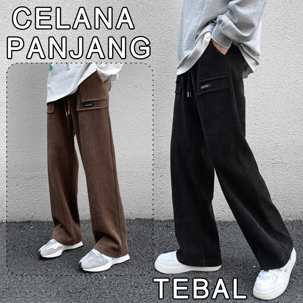 celana corduroy pria Korea style 2024 new model baggy pants celana celana panjang pria hitam celana 