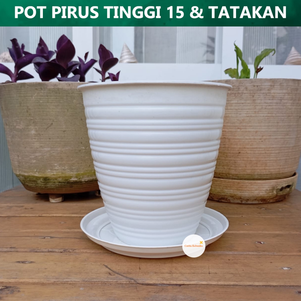 1 Set Pot Bunga Plastik Pot Pirus Tirus Pot Tawon Tinggi 15 cm dan Tatakan Putih