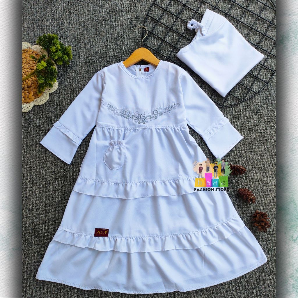 Gamis Putih Anak Dress Katun Madinah Plus Jilbab Kerudung Muslim A&J