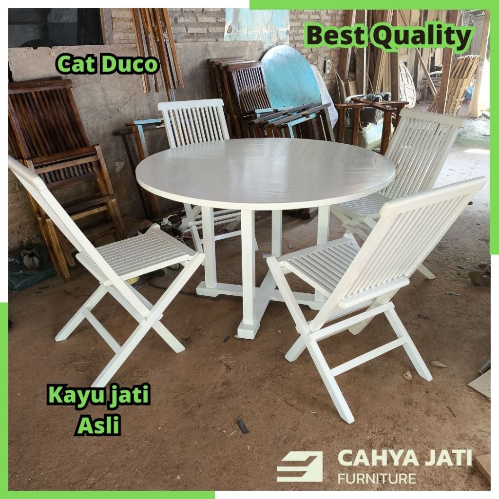 Set meja kursi makan cafe minimalis model bulat kursi lipat cat duco putih kayu jati Jepara