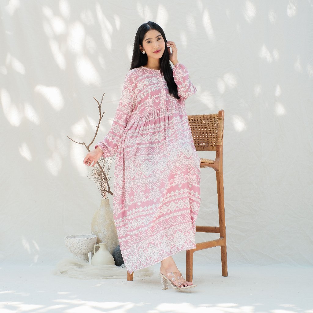 Midi Dress Bahan Rayon Lengan Karet Busui Friendly LD 110