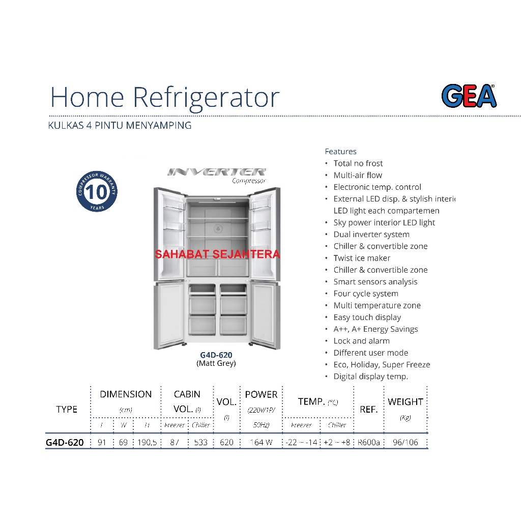 GEA Home Refrigator G4D-620 Kulkas 4 Pintu