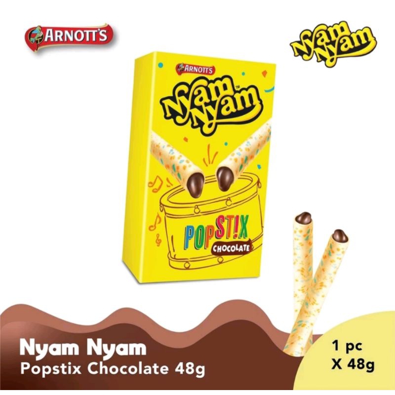 

Nyam Nyam Popstix 48gr / Arnott's Nyam Nyam Popstix / Popstix Chocolate / Wafer Coklat / Biskuit Cokelat / Nyamnyam Coklat / Wafer Roll Pop Stix / Wafer Roll Rasa Coklat / Wafer Roll Cokelat