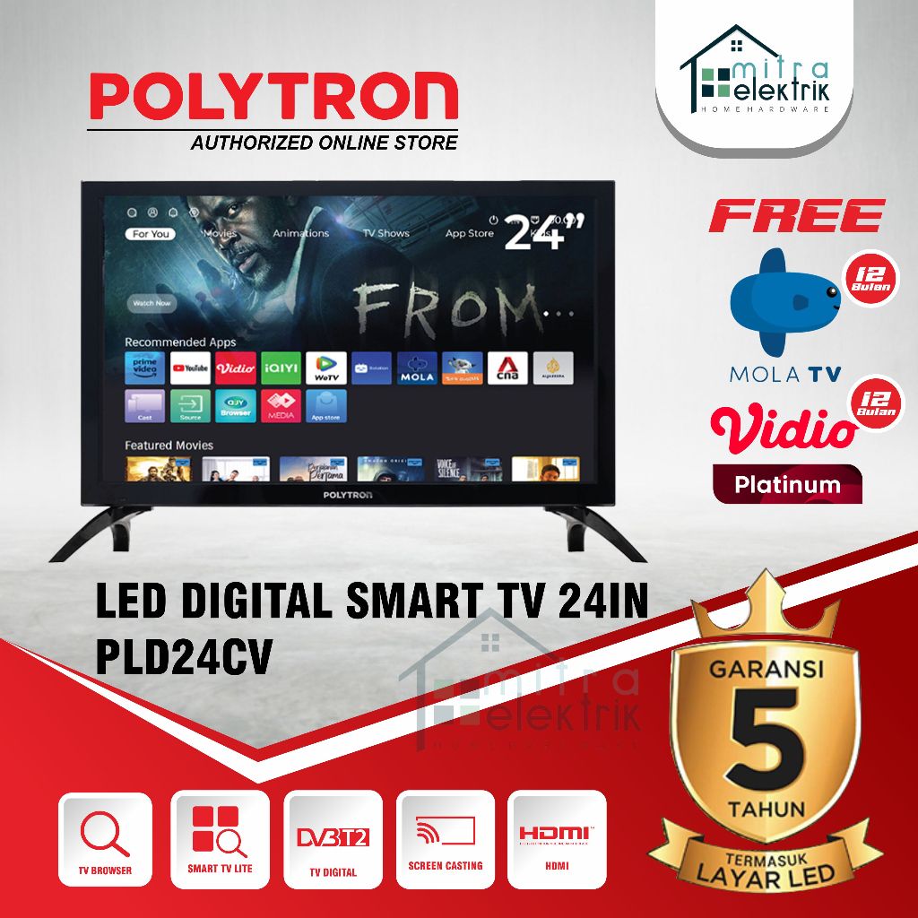 LED TV Polytron PLD24CV1869 Easy Smart Digital TV Garansi 5 Tahun